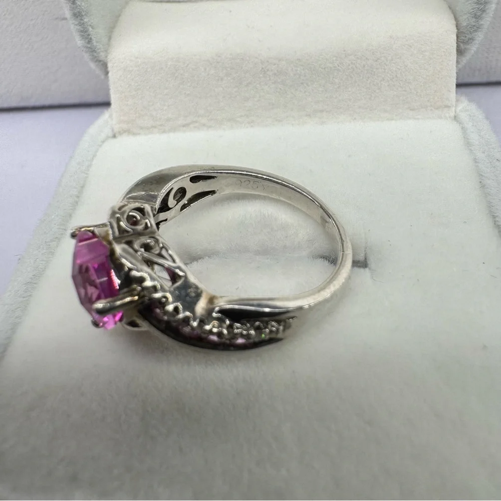 Pink Sapphire & Diamonds & Topaz 925 Sterling Silver Ring Size 5.5